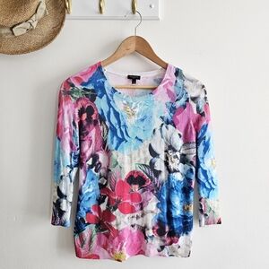 Talbot’s Womens Colorful Floral 3/4 Sleeve Sweater Small Petite Multicolored Top